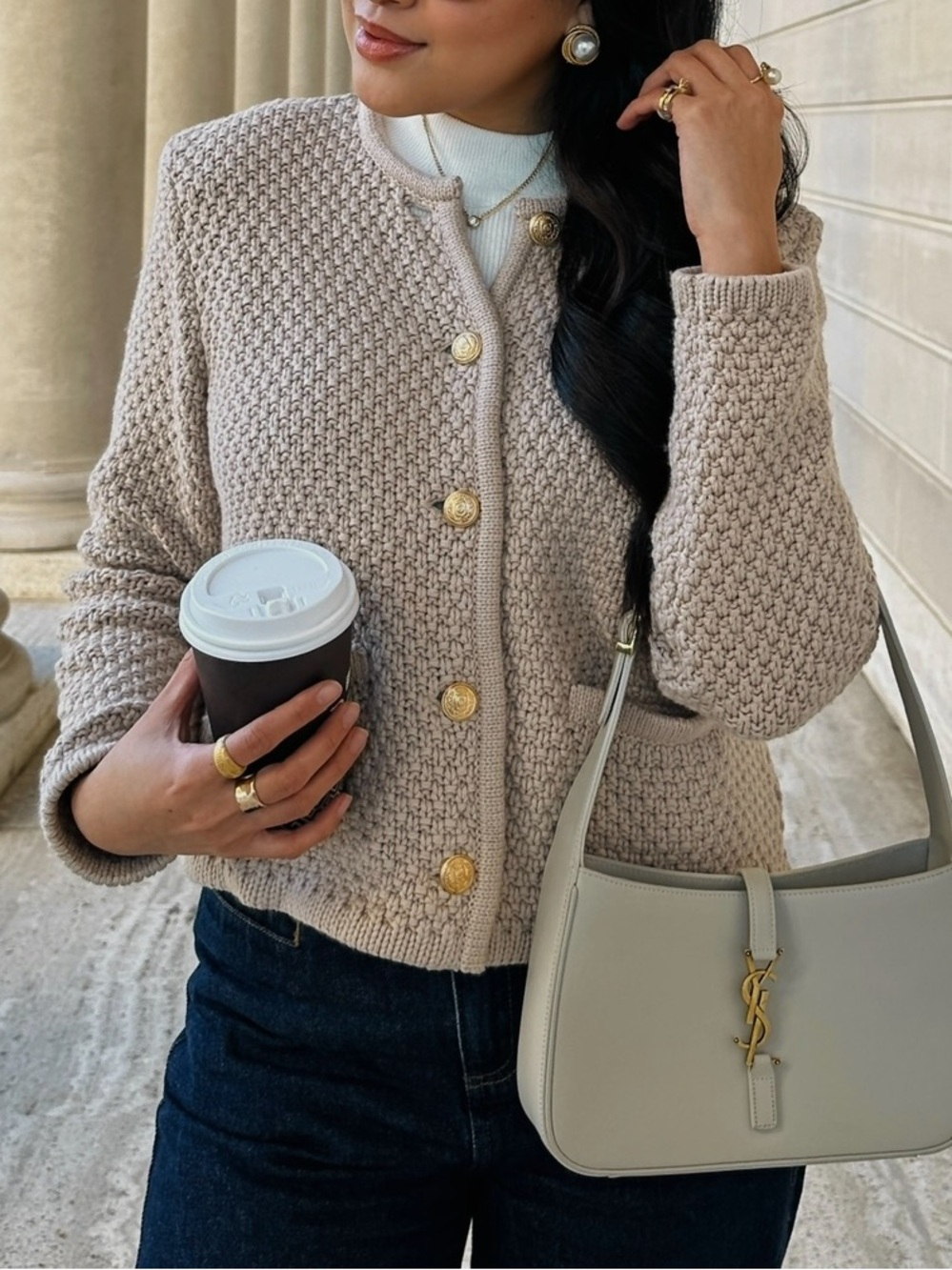 Rosae Paris - Chunky Knit Crewneck Cardigan Sweater in Beige with Gold Buttons